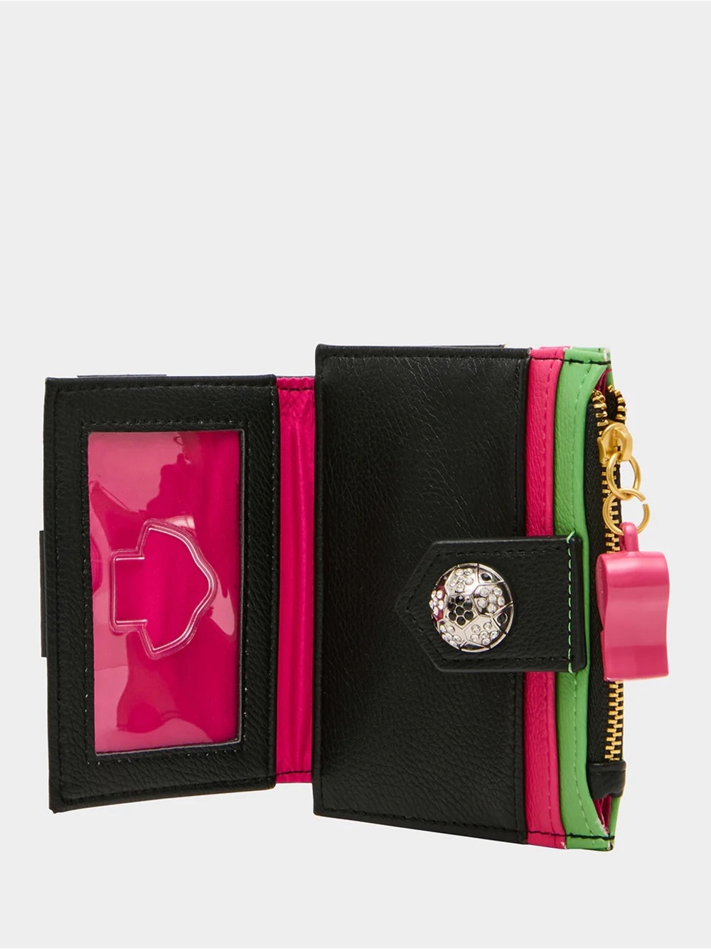 Betsey Johnson Goal Getter Black White Green Soccer Patch Zip Card Wallet - Picture 4 of 8